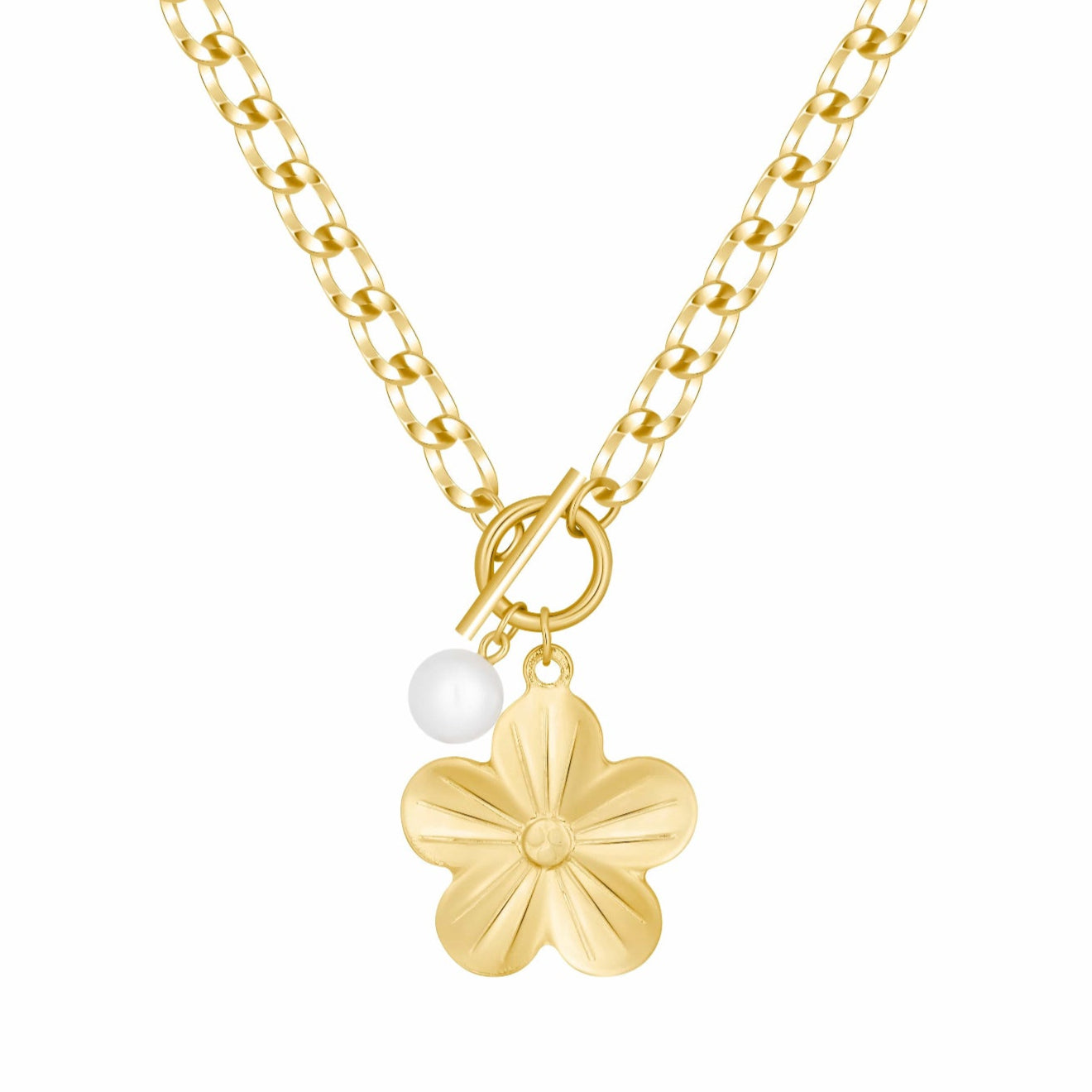 Bohomoon Stainless Steel Hibiscus Pearl TBar Necklace