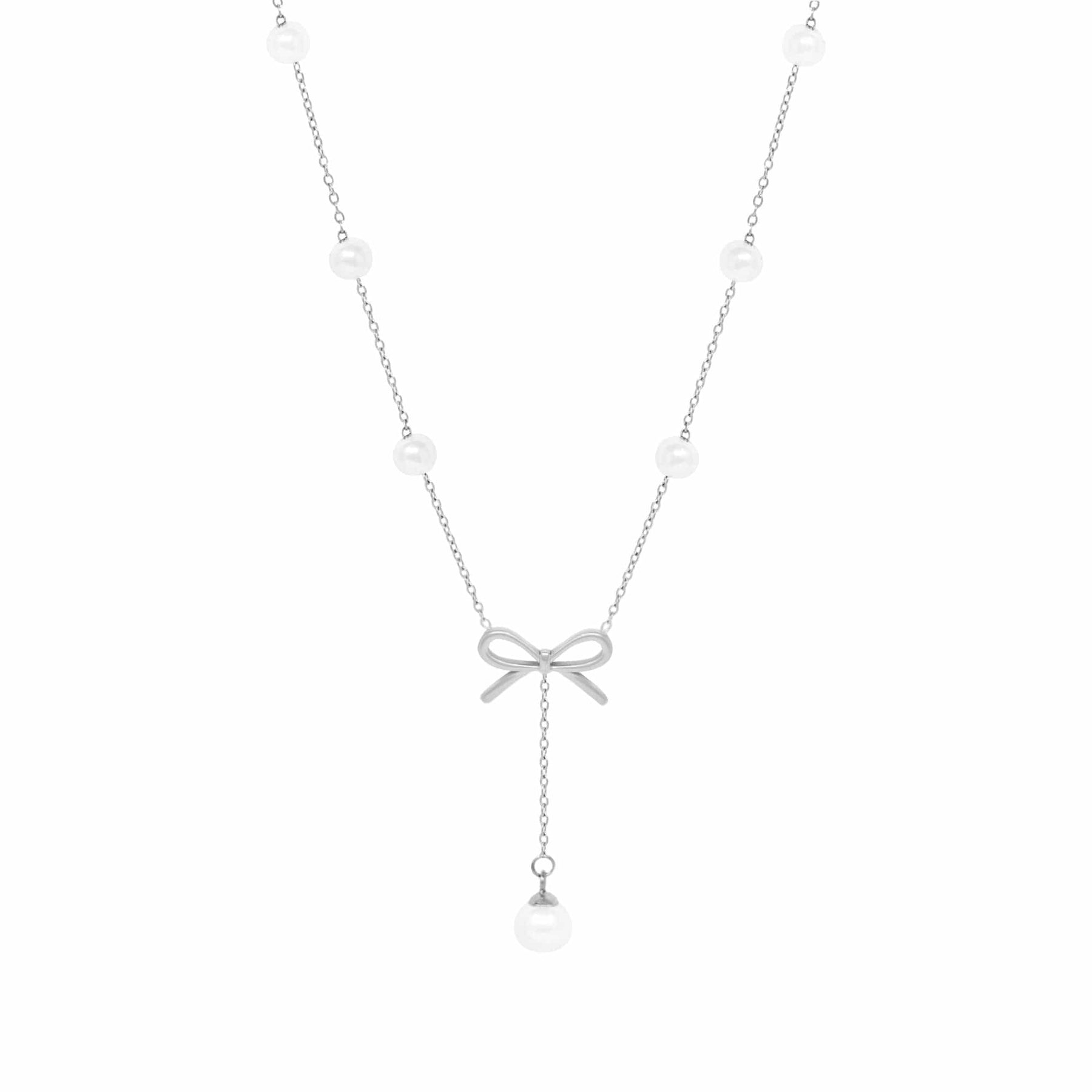 Bohomoon Stainless Steel Everlast Bow Pearl Necklace