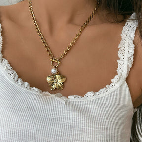 Bohomoon Stainless Steel Hibiscus Pearl TBar Necklace