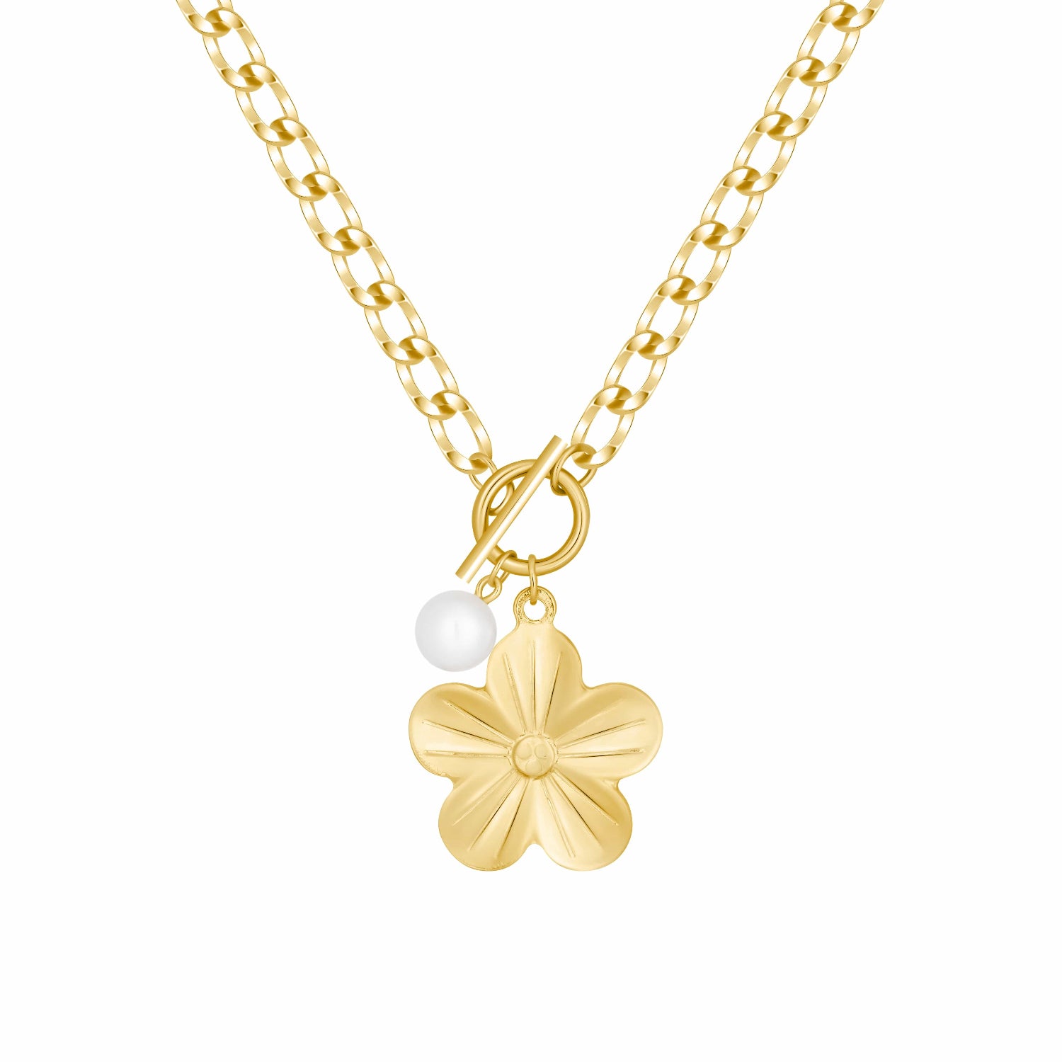 Bohomoon Stainless Steel Hibiscus Pearl TBar Necklace
