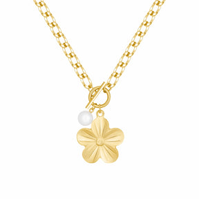 Bohomoon Stainless Steel Hibiscus Pearl TBar Necklace