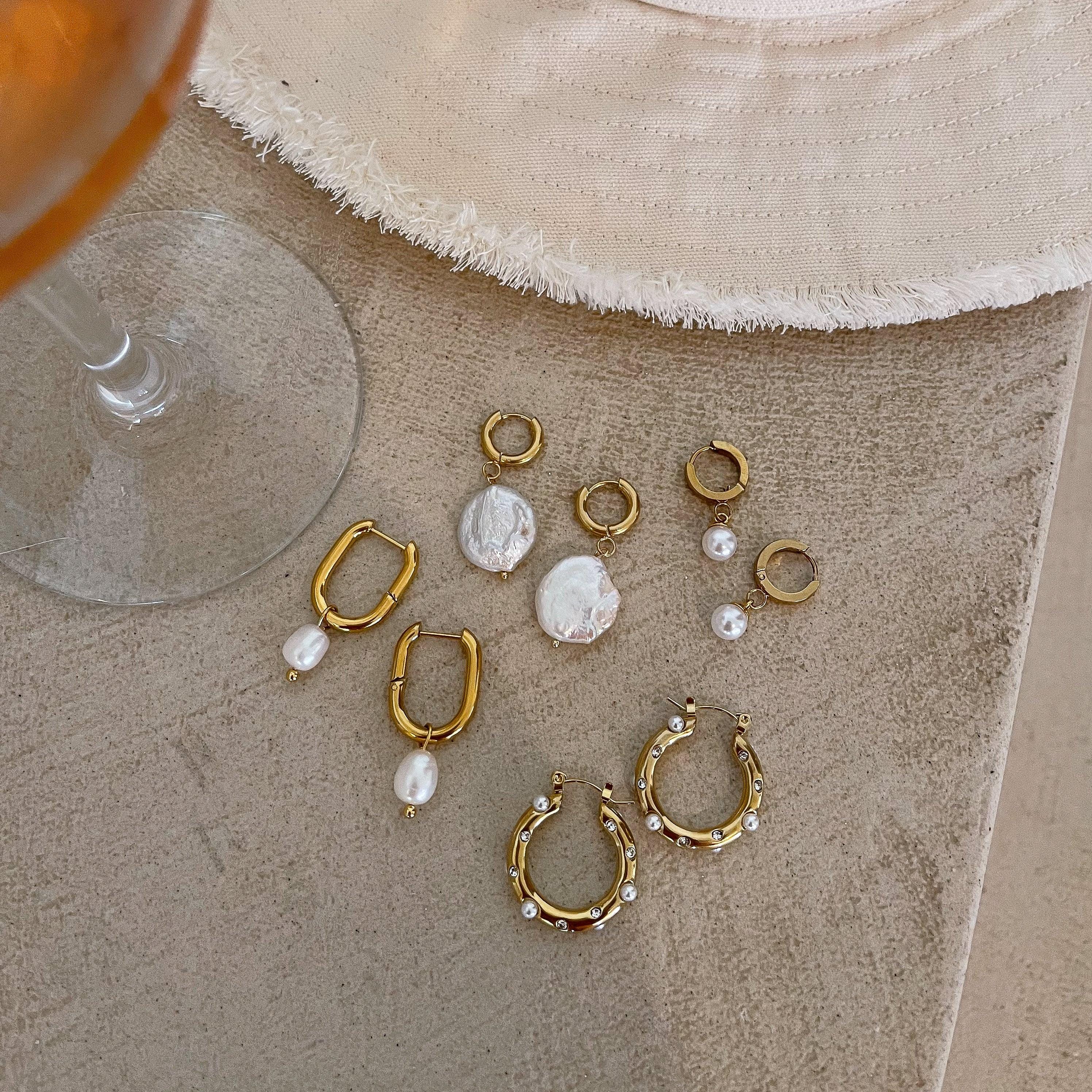 BohoMoon Stainless Steel Honolulu Pearl Hoop Earrings Gold